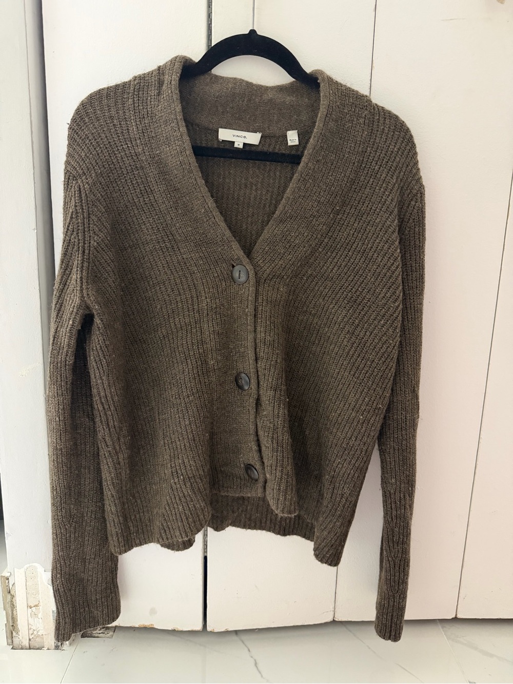 Vince Taupe Brown Ribbed V-Neck Button Front Cardigan